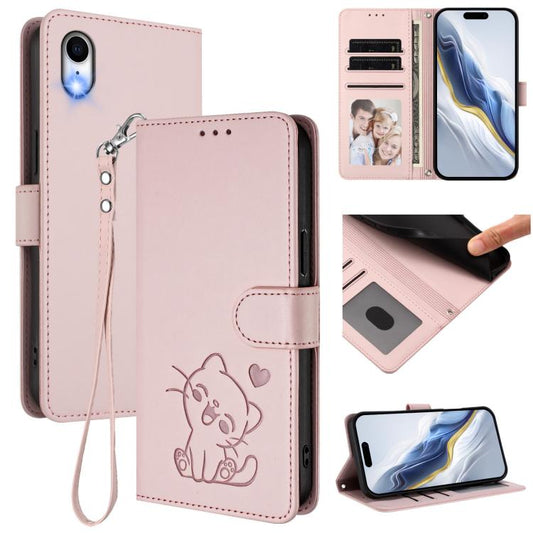 Embossed Heart Cat Leather Phone Case with Hand Strap, For iPhone XR, For iPhone XS Max, For iPhone 7 Plus / 8 Plus