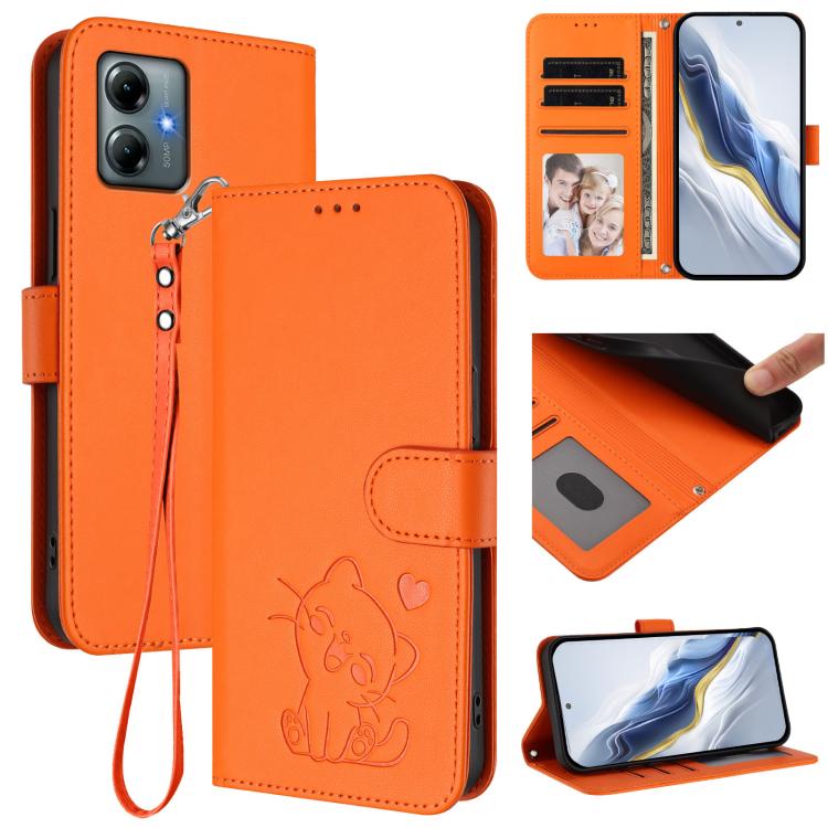 Embossed Heart Cat Leather Phone Case with Hand Strap, For Motorola Moto G05 / E15, For Motorola Moto G 5G 2025, For Motorola Moto G Play 2025, For Motorola Moto Thinkphone 25