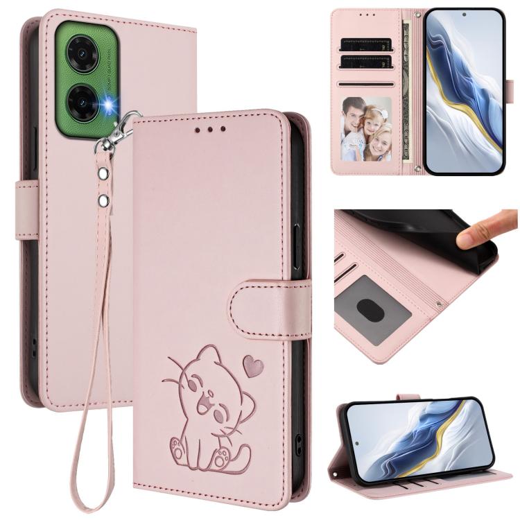 Embossed Heart Cat Leather Phone Case with Hand Strap, For Motorola Moto G35 5G, For Motorola Moto G55 5G, For Motorola Moto G34 5G / G45 5G, For Motorola Edge 50 5G