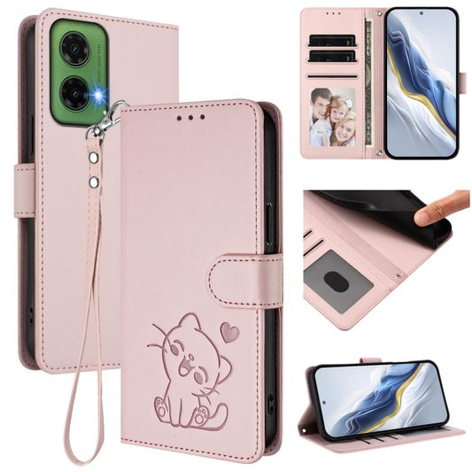 Embossed Heart Cat Leather Phone Case with Hand Strap, For Motorola Moto G35 5G, For Motorola Moto G55 5G, For Motorola Moto G34 5G / G45 5G, For Motorola Edge 50 5G