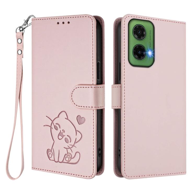 Embossed Heart Cat Leather Phone Case with Hand Strap, For Motorola Moto G35 5G, For Motorola Moto G55 5G, For Motorola Moto G34 5G / G45 5G, For Motorola Edge 50 5G