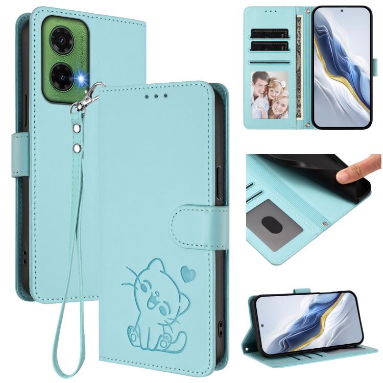 Embossed Heart Cat Leather Phone Case with Hand Strap, For Motorola Moto G35 5G, For Motorola Moto G55 5G, For Motorola Moto G34 5G / G45 5G, For Motorola Edge 50 5G