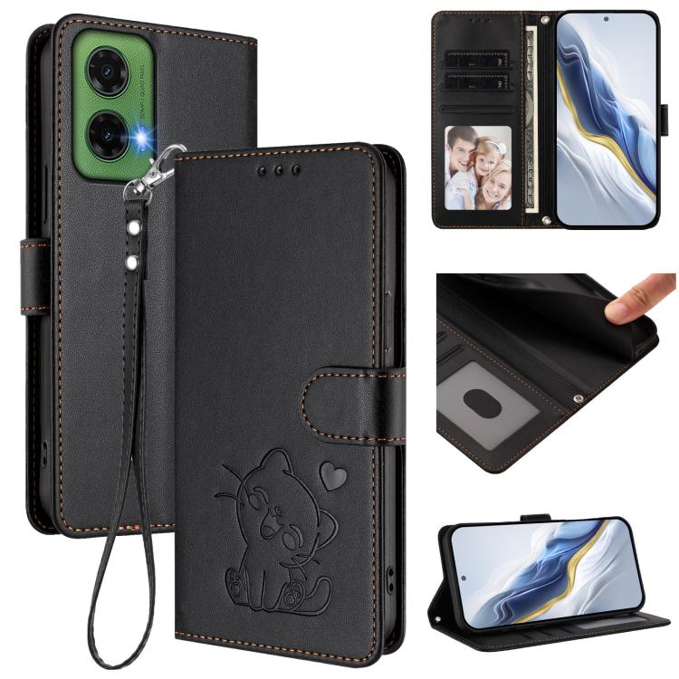 Embossed Heart Cat Leather Phone Case with Hand Strap, For Motorola Moto G35 5G, For Motorola Moto G55 5G, For Motorola Moto G34 5G / G45 5G, For Motorola Edge 50 5G