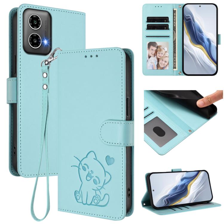 Embossed Heart Cat Leather Phone Case with Hand Strap, For Motorola Moto G35 5G, For Motorola Moto G55 5G, For Motorola Moto G34 5G / G45 5G, For Motorola Edge 50 5G