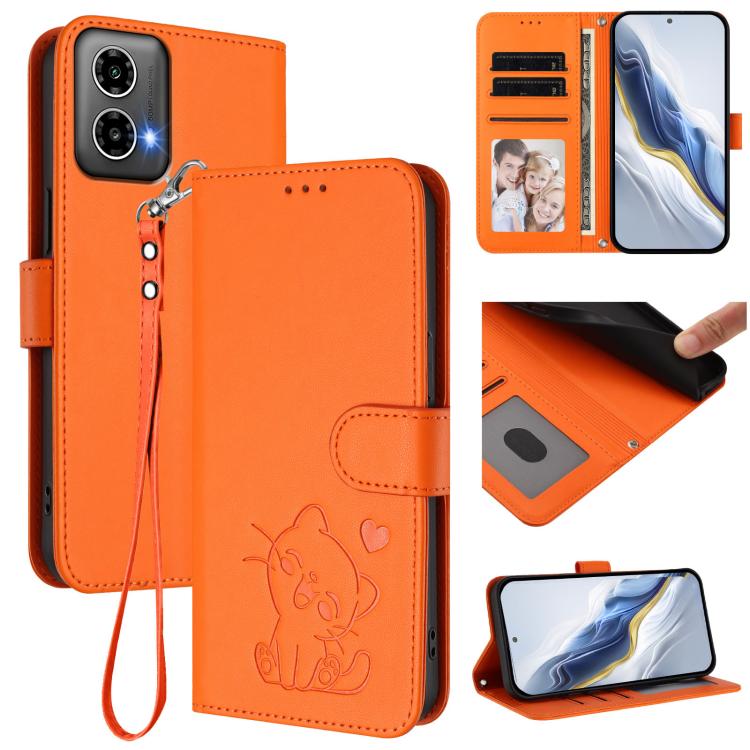Embossed Heart Cat Leather Phone Case with Hand Strap, For Motorola Moto G35 5G, For Motorola Moto G55 5G, For Motorola Moto G34 5G / G45 5G, For Motorola Edge 50 5G