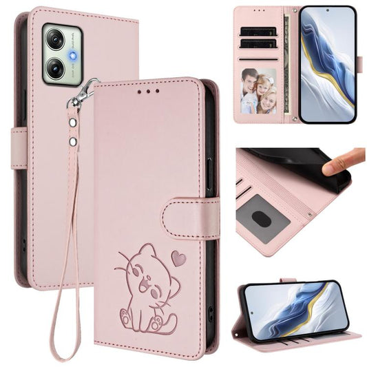 Embossed Heart Cat Leather Phone Case with Hand Strap, For Motorola Moto G64 / G54 India, For Motorola Edge 50 Fusion 5G, For Motorola Moto G85 5G, For Motorola Edge 5G 2024