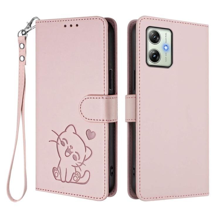 Embossed Heart Cat Leather Phone Case with Hand Strap, For Motorola Moto G64 / G54 India, For Motorola Edge 50 Fusion 5G, For Motorola Moto G85 5G, For Motorola Edge 5G 2024