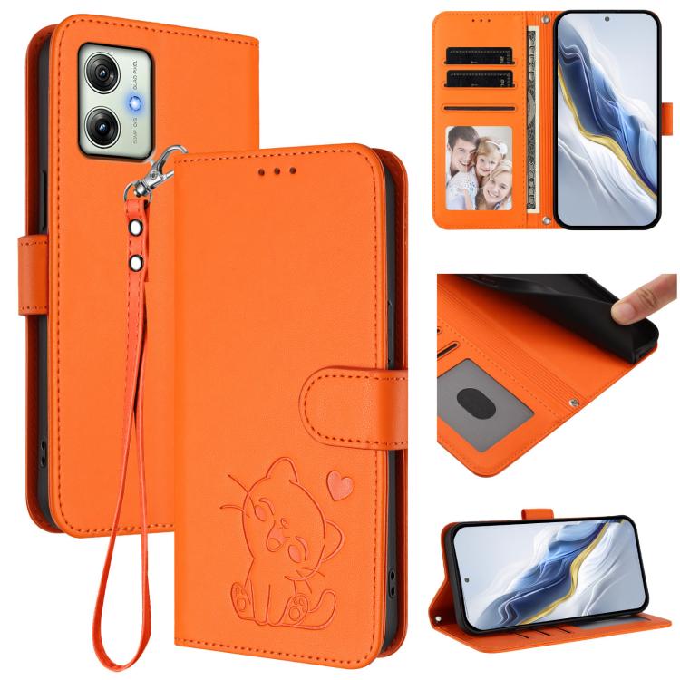 Embossed Heart Cat Leather Phone Case with Hand Strap, For Motorola Moto G64 / G54 India, For Motorola Edge 50 Fusion 5G, For Motorola Moto G85 5G, For Motorola Edge 5G 2024