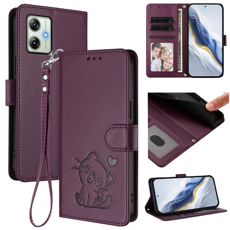 Embossed Heart Cat Leather Phone Case with Hand Strap, For Motorola Moto G64 / G54 India, For Motorola Edge 50 Fusion 5G, For Motorola Moto G85 5G, For Motorola Edge 5G 2024