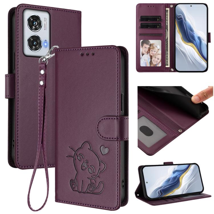 Embossed Heart Cat Leather Phone Case with Hand Strap, For Motorola Moto G64 / G54 India, For Motorola Edge 50 Fusion 5G, For Motorola Moto G85 5G, For Motorola Edge 5G 2024