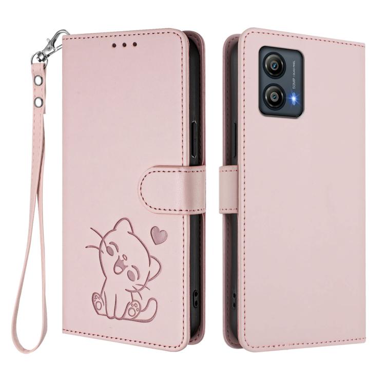 Embossed Heart Cat Leather Phone Case with Hand Strap, For Motorola Moto G53 5G / G13 4G, For Motorola Edge 50 Ultra 5G, For Motorola Moto E14 4G / G04 4G, For Motorola Edge 50 Pro 5G