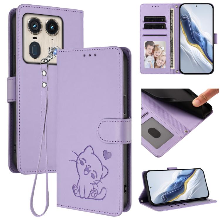 Embossed Heart Cat Leather Phone Case with Hand Strap, For Motorola Moto G53 5G / G13 4G, For Motorola Edge 50 Ultra 5G, For Motorola Moto E14 4G / G04 4G, For Motorola Edge 50 Pro 5G