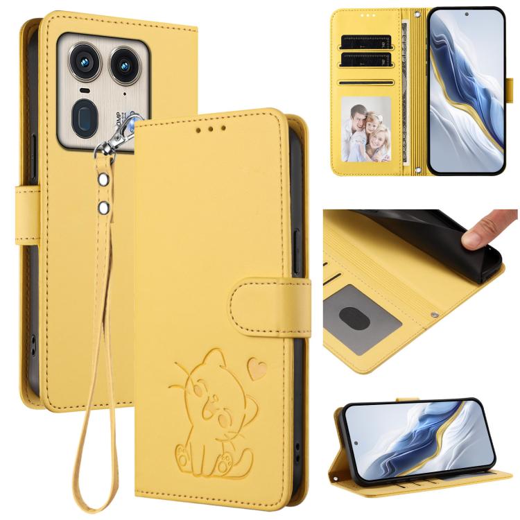 Embossed Heart Cat Leather Phone Case with Hand Strap, For Motorola Moto G53 5G / G13 4G, For Motorola Edge 50 Ultra 5G, For Motorola Moto E14 4G / G04 4G, For Motorola Edge 50 Pro 5G