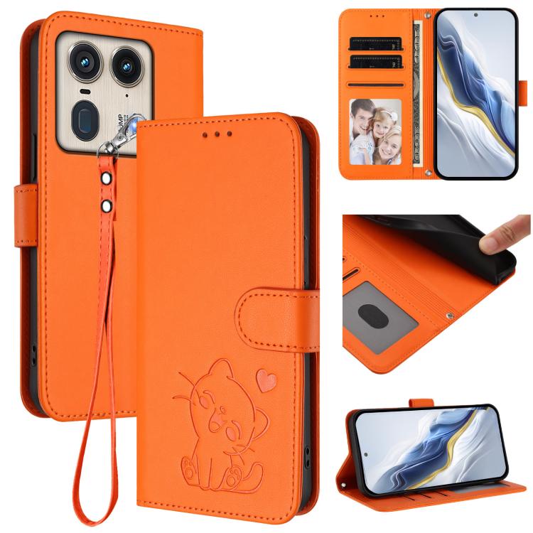 Embossed Heart Cat Leather Phone Case with Hand Strap, For Motorola Moto G53 5G / G13 4G, For Motorola Edge 50 Ultra 5G, For Motorola Moto E14 4G / G04 4G, For Motorola Edge 50 Pro 5G