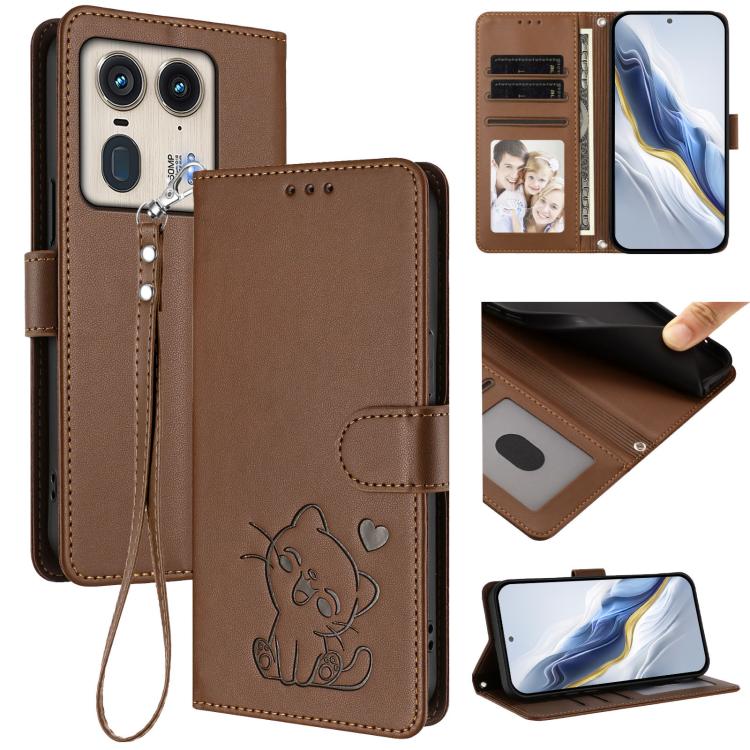 Embossed Heart Cat Leather Phone Case with Hand Strap, For Motorola Moto G53 5G / G13 4G, For Motorola Edge 50 Ultra 5G, For Motorola Moto E14 4G / G04 4G, For Motorola Edge 50 Pro 5G