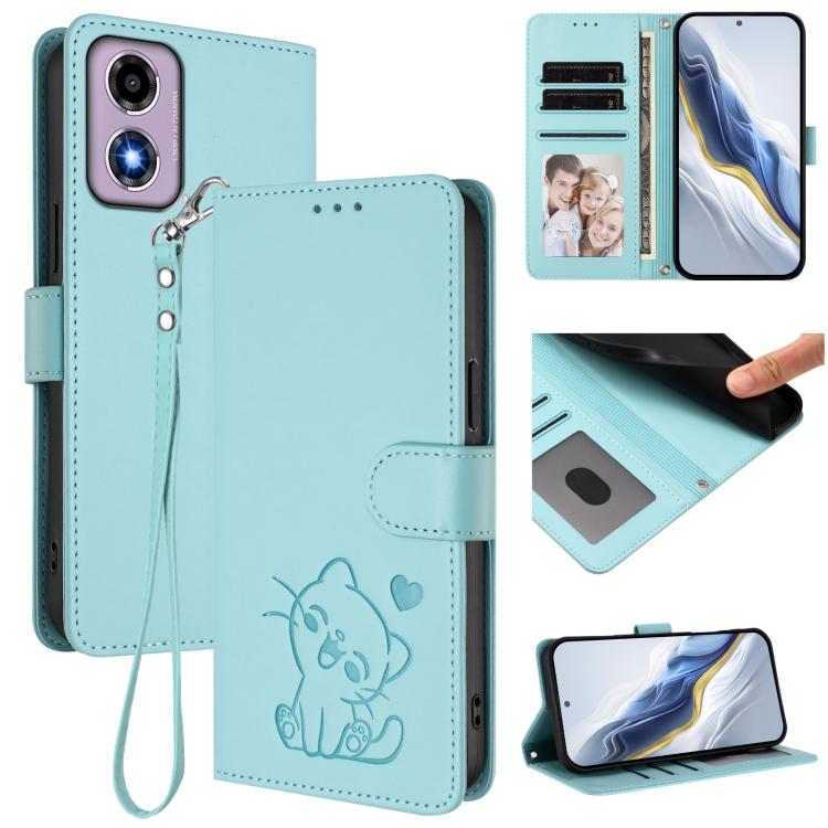Embossed Heart Cat Leather Phone Case with Hand Strap, For Motorola Moto G53 5G / G13 4G, For Motorola Edge 50 Ultra 5G, For Motorola Moto E14 4G / G04 4G, For Motorola Edge 50 Pro 5G