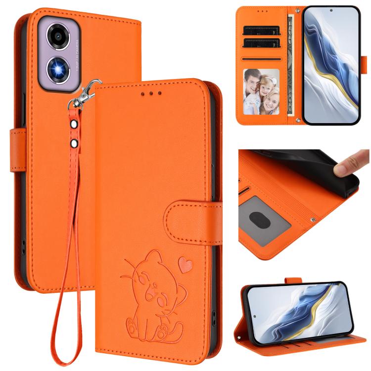Embossed Heart Cat Leather Phone Case with Hand Strap, For Motorola Moto G53 5G / G13 4G, For Motorola Edge 50 Ultra 5G, For Motorola Moto E14 4G / G04 4G, For Motorola Edge 50 Pro 5G
