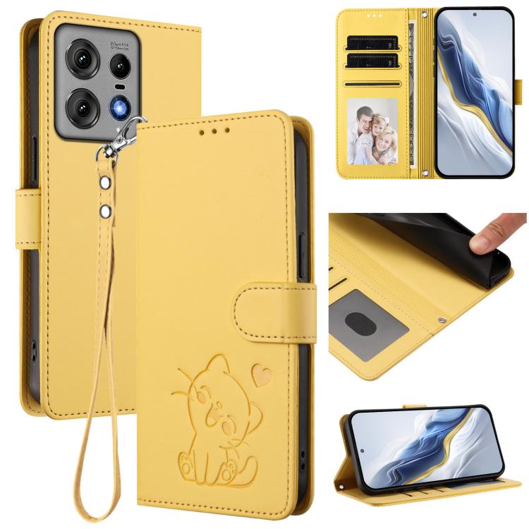 Embossed Heart Cat Leather Phone Case with Hand Strap, For Motorola Moto G53 5G / G13 4G, For Motorola Edge 50 Ultra 5G, For Motorola Moto E14 4G / G04 4G, For Motorola Edge 50 Pro 5G
