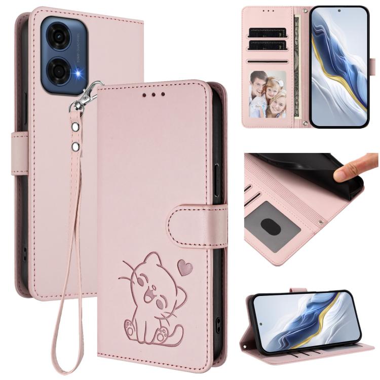 Embossed Heart Cat Leather Phone Case with Hand Strap, For Motorola Moto G24 Power 4G India, For Motorola Moto G Play 4G 2024, For Motorola Moto G Stylus 5G 2024, For Motorola Moto G Play 5G 2024