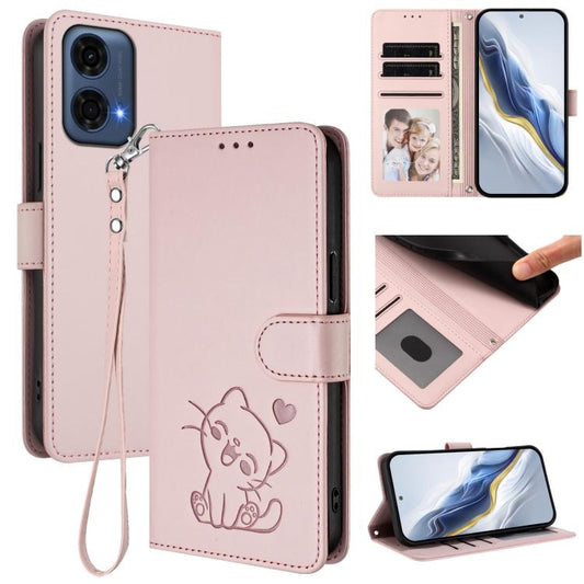 Embossed Heart Cat Leather Phone Case with Hand Strap, For Motorola Moto G24 Power 4G India, For Motorola Moto G Play 4G 2024, For Motorola Moto G Stylus 5G 2024, For Motorola Moto G Play 5G 2024