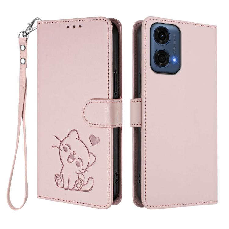 Embossed Heart Cat Leather Phone Case with Hand Strap, For Motorola Moto G24 Power 4G India, For Motorola Moto G Play 4G 2024, For Motorola Moto G Stylus 5G 2024, For Motorola Moto G Play 5G 2024