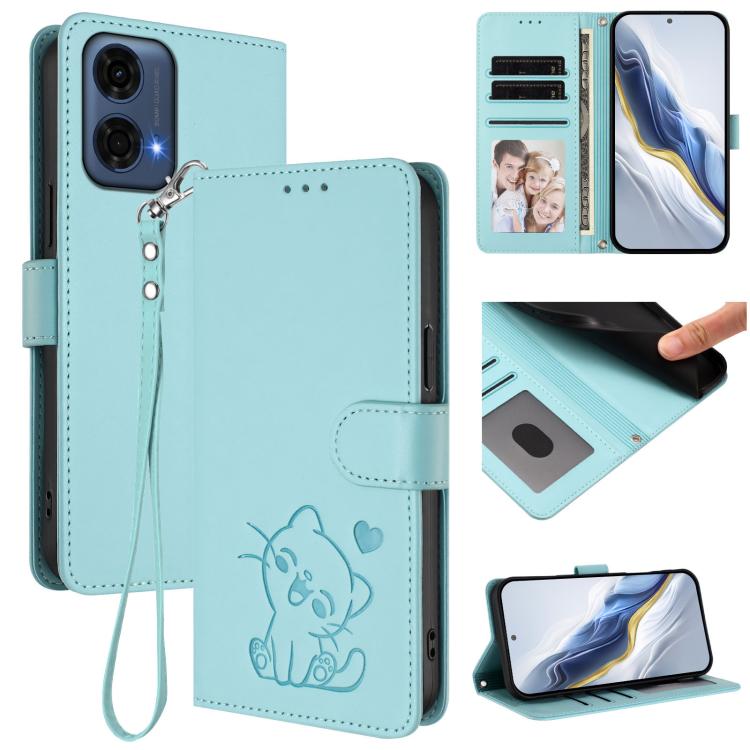 Embossed Heart Cat Leather Phone Case with Hand Strap, For Motorola Moto G24 Power 4G India, For Motorola Moto G Play 4G 2024, For Motorola Moto G Stylus 5G 2024, For Motorola Moto G Play 5G 2024