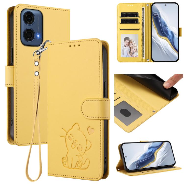Embossed Heart Cat Leather Phone Case with Hand Strap, For Motorola Moto G24 Power 4G India, For Motorola Moto G Play 4G 2024, For Motorola Moto G Stylus 5G 2024, For Motorola Moto G Play 5G 2024