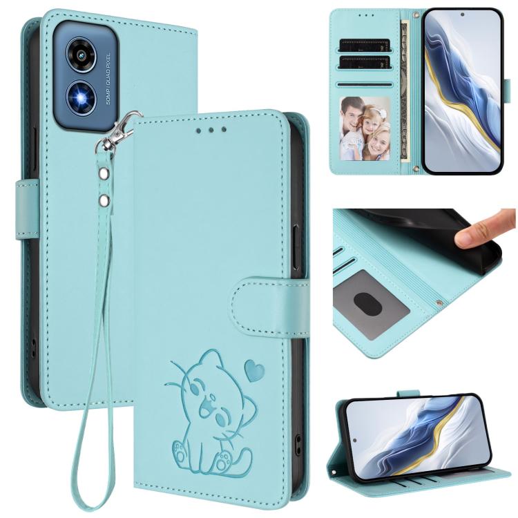 Embossed Heart Cat Leather Phone Case with Hand Strap, For Motorola Moto G24 Power 4G India, For Motorola Moto G Play 4G 2024, For Motorola Moto G Stylus 5G 2024, For Motorola Moto G Play 5G 2024