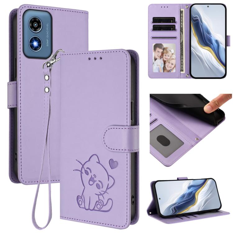 Embossed Heart Cat Leather Phone Case with Hand Strap, For Motorola Moto G24 Power 4G India, For Motorola Moto G Play 4G 2024, For Motorola Moto G Stylus 5G 2024, For Motorola Moto G Play 5G 2024