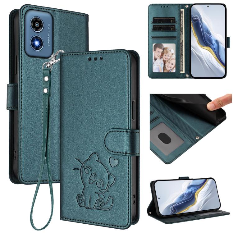 Embossed Heart Cat Leather Phone Case with Hand Strap, For Motorola Moto G24 Power 4G India, For Motorola Moto G Play 4G 2024, For Motorola Moto G Stylus 5G 2024, For Motorola Moto G Play 5G 2024
