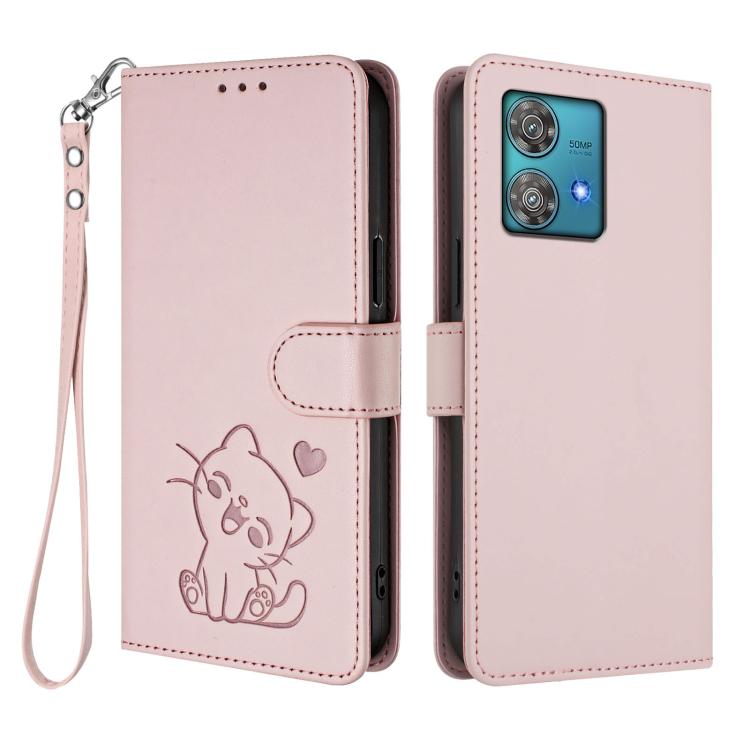 Embossed Heart Cat Leather Phone Case with Hand Strap, For Motorola Edge 40 Neo 5G, For Motorola Moto G Stylus 2023 4G, For Motorola Moto G Power 2023, For Motorola Moto G Stylus 5G 2023