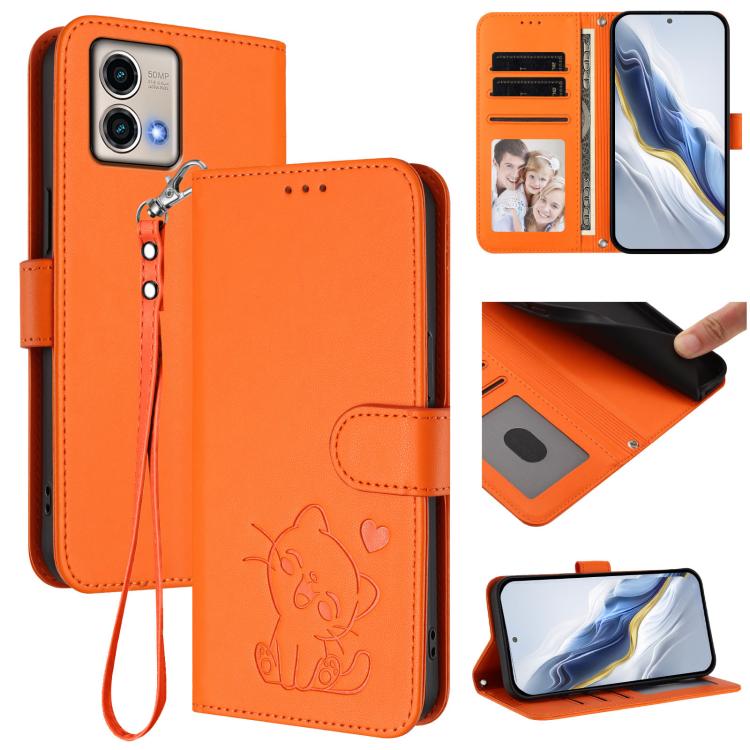 Embossed Heart Cat Leather Phone Case with Hand Strap, For Motorola Edge 40 Neo 5G, For Motorola Moto G Stylus 2023 4G, For Motorola Moto G Power 2023, For Motorola Moto G Stylus 5G 2023