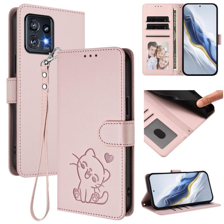 Embossed Heart Cat Leather Phone Case with Hand Strap, For Motorola Edge+ 2023 / 40 Pro, For Motorola Moto E13 4G 2023, For Motorola Moto G73 5G, For Motorola Moto G75 5G