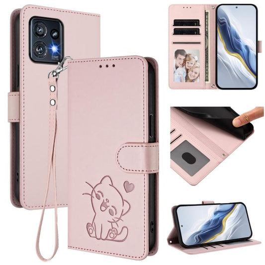 Embossed Heart Cat Leather Phone Case with Hand Strap, For Motorola Edge+ 2023 / 40 Pro, For Motorola Moto E13 4G 2023, For Motorola Moto G73 5G, For Motorola Moto G75 5G