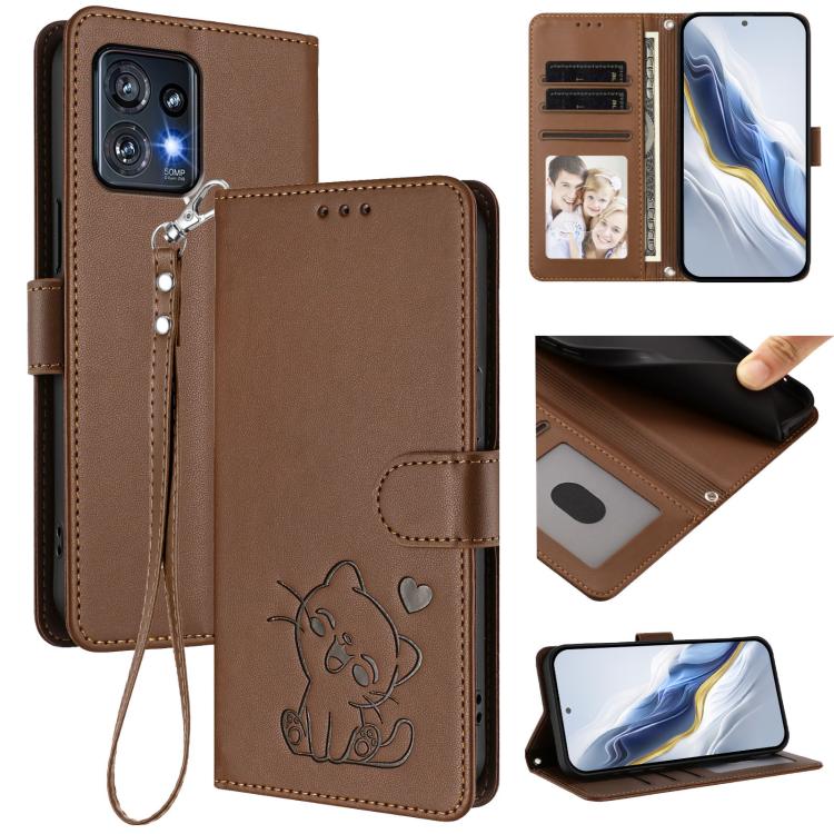 Embossed Heart Cat Leather Phone Case with Hand Strap, For Motorola Edge+ 2023 / 40 Pro, For Motorola Moto E13 4G 2023, For Motorola Moto G73 5G, For Motorola Moto G75 5G