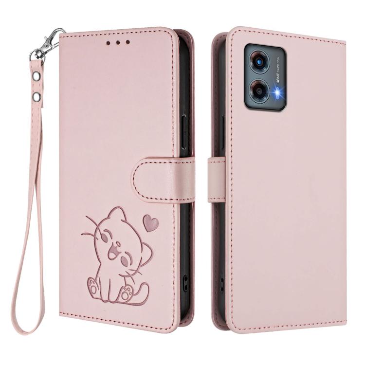 Embossed Heart Cat Leather Phone Case with Hand Strap, For Motorola Moto G 5G 2023, For Motorola Moto G Play 2023, For Motorola Moto G72, For Motorola Moto E22 4G / E22i 4G