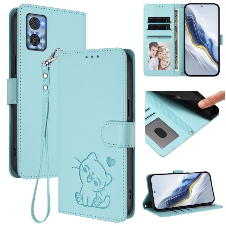 Embossed Heart Cat Leather Phone Case with Hand Strap, For Motorola Moto G 5G 2023, For Motorola Moto G Play 2023, For Motorola Moto G72, For Motorola Moto E22 4G / E22i 4G