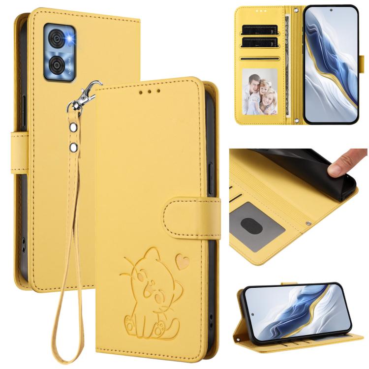 Embossed Heart Cat Leather Phone Case with Hand Strap, For Motorola Moto G 5G 2023, For Motorola Moto G Play 2023, For Motorola Moto G72, For Motorola Moto E22 4G / E22i 4G