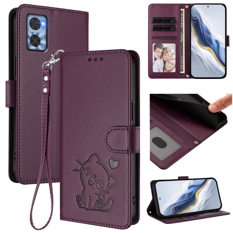 Embossed Heart Cat Leather Phone Case with Hand Strap, For Motorola Moto G 5G 2023, For Motorola Moto G Play 2023, For Motorola Moto G72, For Motorola Moto E22 4G / E22i 4G