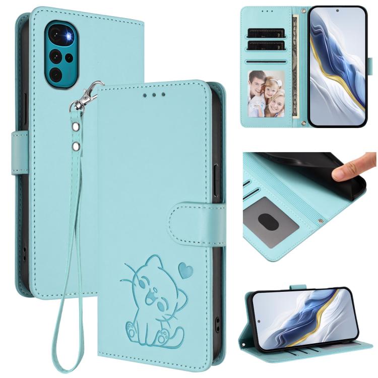 Embossed Heart Cat Leather Phone Case with Hand Strap, For Motorola Moto S30 Pro 5G, For Motorola Edge 30 Neo, For Motorola Moto G22 4G / E32s, For Motorola Edge 2022 / Edge 5G UW