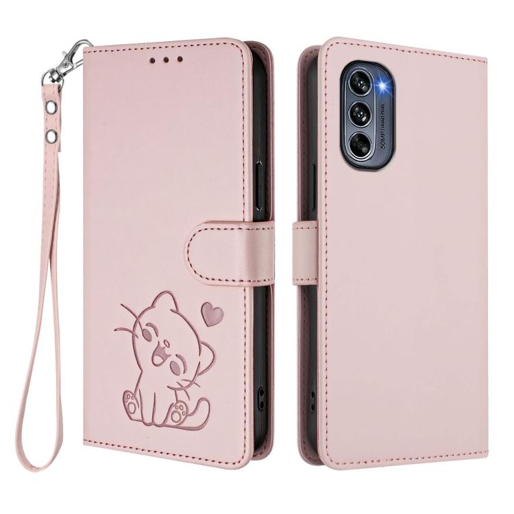 Embossed Heart Cat Leather Phone Case with Hand Strap, For Motorola Moto G62 5G, For Motorola Moto X30 Pro 5G, For Motorola Moto G42 4G, For Motorola Moto G52 4G / G82 5G
