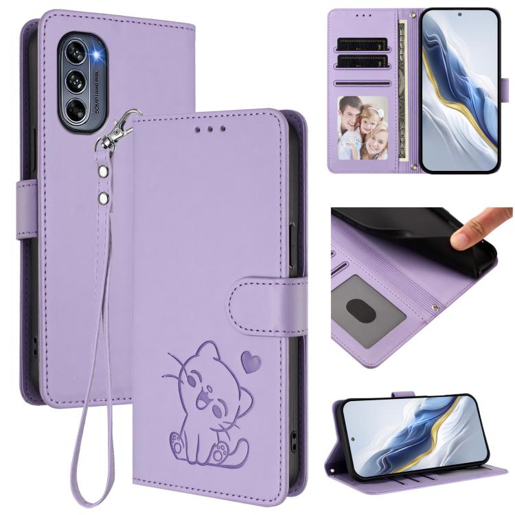 Embossed Heart Cat Leather Phone Case with Hand Strap, For Motorola Moto G62 5G, For Motorola Moto X30 Pro 5G, For Motorola Moto G42 4G, For Motorola Moto G52 4G / G82 5G