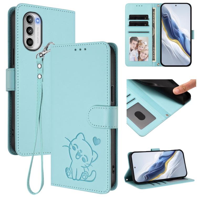Embossed Heart Cat Leather Phone Case with Hand Strap, For Motorola Moto G62 5G, For Motorola Moto X30 Pro 5G, For Motorola Moto G42 4G, For Motorola Moto G52 4G / G82 5G
