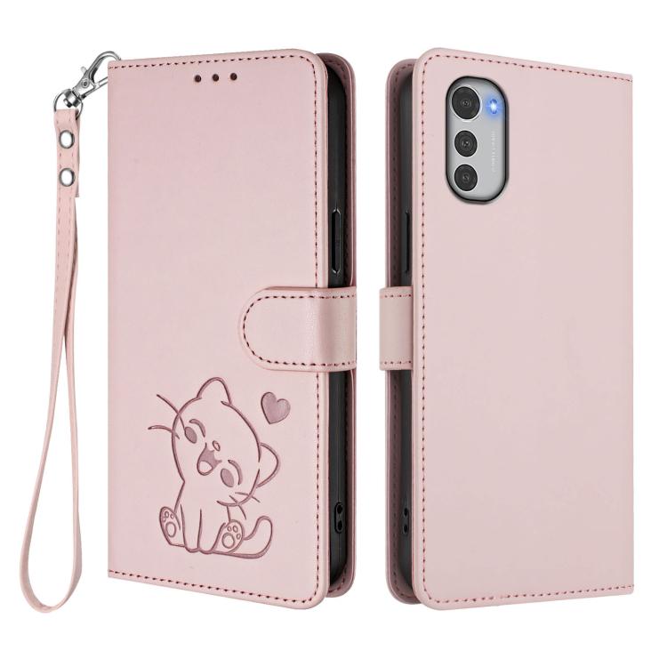 Embossed Heart Cat Leather Phone Case with Hand Strap, For Motorola Moto E32 4G Global, For Motorola Moto G32, For Motorola Edge 30, For Motorola Moto G 5G 2022