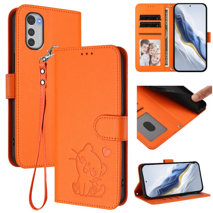 Embossed Heart Cat Leather Phone Case with Hand Strap, For Motorola Moto E32 4G Global, For Motorola Moto G32, For Motorola Edge 30, For Motorola Moto G 5G 2022