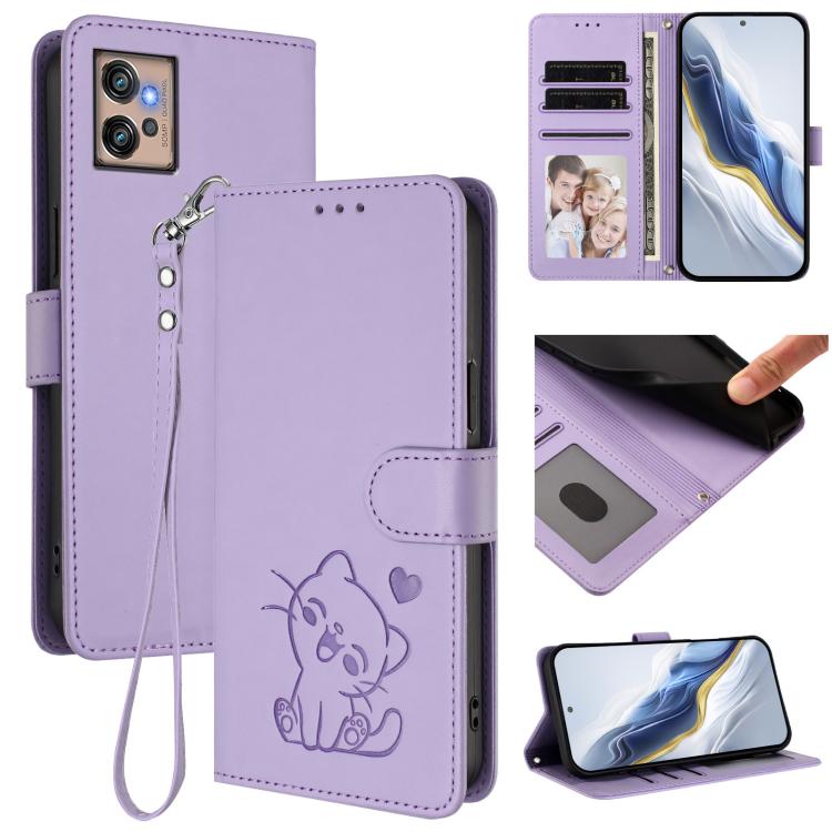 Embossed Heart Cat Leather Phone Case with Hand Strap, For Motorola Moto E32 4G Global, For Motorola Moto G32, For Motorola Edge 30, For Motorola Moto G 5G 2022
