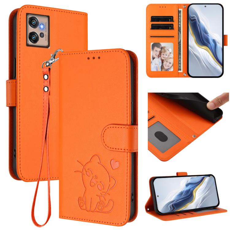 Embossed Heart Cat Leather Phone Case with Hand Strap, For Motorola Moto E32 4G Global, For Motorola Moto G32, For Motorola Edge 30, For Motorola Moto G 5G 2022