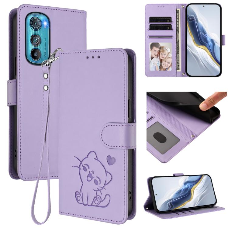Embossed Heart Cat Leather Phone Case with Hand Strap, For Motorola Moto E32 4G Global, For Motorola Moto G32, For Motorola Edge 30, For Motorola Moto G 5G 2022