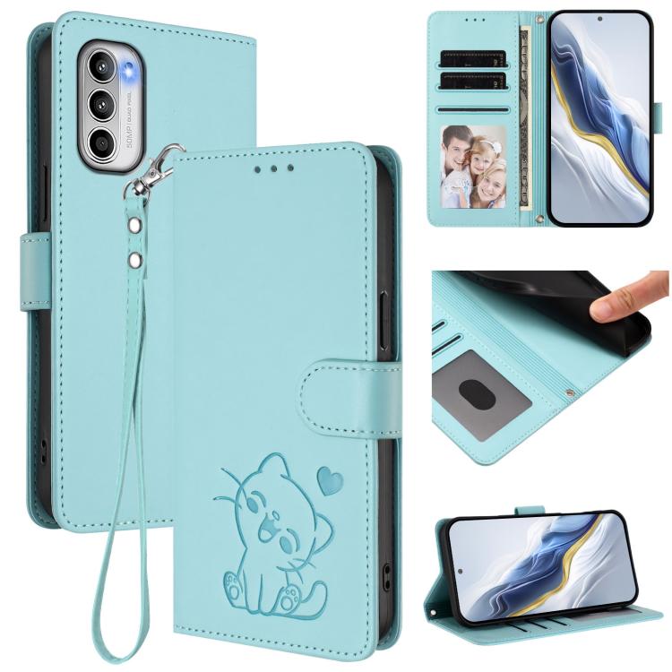 Embossed Heart Cat Leather Phone Case with Hand Strap, For Motorola Moto E32 4G Global, For Motorola Moto G32, For Motorola Edge 30, For Motorola Moto G 5G 2022