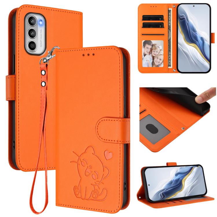 Embossed Heart Cat Leather Phone Case with Hand Strap, For Motorola Moto E32 4G Global, For Motorola Moto G32, For Motorola Edge 30, For Motorola Moto G 5G 2022